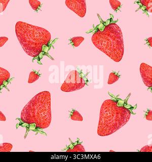 Motivo senza cuciture con fragole rosse realistiche, disegnate a mano in acquerello. Foto Stock