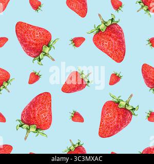 Motivo senza cuciture con fragole rosse realistiche, disegnate a mano in acquerello. Foto Stock