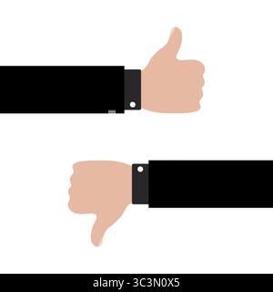 Pollice e pollice giù per le mani. Icone per approvazione e disapprovazione. Due gesti distinti delle mani che rappresentano i classici segni di approvazione e disapprovazione. Illustrazione Vettoriale