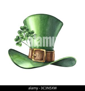 Cilindro del leprechaun con shamrock. Illustrazione ad acquerello disegnata a mano. Progettazione concettuale per il giorno di San Patrizio. Per biglietti d'auguri, striscioni e. Foto Stock
