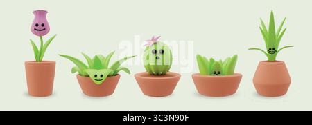 fiori 3d. Piantare emoji facciali in vaso di fiori, kawaii giocattolo in vaso. Giardino estivo, verde cactus. Graziose piante d'appartamento con sorrisi. Rendering di elementi isolati lucidi. Set di cartoni animati vettoriali Illustrazione Vettoriale
