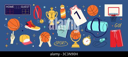 Adesivi da basket. Pallone sportivo e cestino. Doodle retro whistle NET per i giocatori di fumetti. Tabellone segnapunti del torneo. Abbigliamento sportivo e Champion Award Cup. Stadio per l'allenamento di streetball. Set di cartoni animati vettoriali Illustrazione Vettoriale