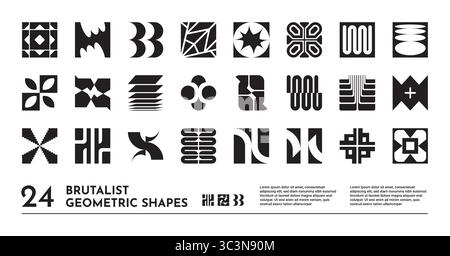 Elementi grafici. Forma geometrica astratta, design Y2K distorto o logotipo brutale. Stile tecnologico postmoderno. Logo semplice e contemporaneo, diverse silhouette quadrate decorative. Icone isolate vettoriali Illustrazione Vettoriale