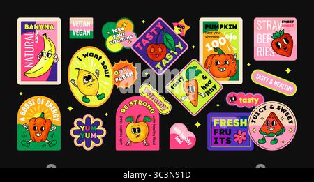 Adesivi alla frutta. Etichette dei prodotti retrò. Personaggi dei cartoni animati. Ciliegia succosa. Banana dolce e fragola. Logo Y2K. Faccia da mascotte. Divertente bacca gustosa. Mela matura. Carota felice. Set di badge vettoriali per scarabocchi Illustrazione Vettoriale