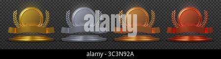 Medaglia d'oro. Premio vincitore. Logo argento o bronzo. Nastro e corona d'alloro. Rosa 1° premio trofeo su piedistallo. Numero del concorso d'oro. Cerimonia del trionfo. Podio metallico. Set di premi Vector 3d Victory Illustrazione Vettoriale