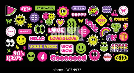 Adesivi retrò. Elementi di design Y2K. Pacchetto grafico divertente astratto o logo cool. Etichetta emoji moderna. Vintage comico alla moda. Vibrazioni rave. Lettere di frase. Emoticon felice. Sorriso pazzo. Set di icone vettoriali Illustrazione Vettoriale
