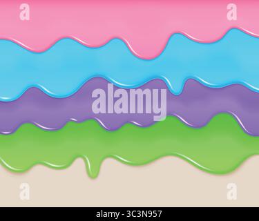 Sfondo gelatina. Consistenza sottile, torta 3d panna o glassa con salsa liquida. Gomme lucide o sciroppo di yogurt fluido gocciolante, bordi decorativi a spruzzo liquido. Banner o poster. Sfondo astratto vettoriale Illustrazione Vettoriale