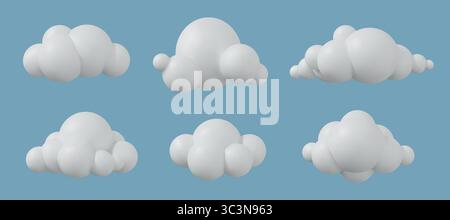 cloud 3d. Icona del cartone animato Sky, palloncino in cotone bianco con una forma graziosa blu. Soffice bolla d'aria circolare, fumo naturale. Rendering di icone lucide isolate, simboli meteo, set di elementi meteorologici. Sfondo vettoriale Illustrazione Vettoriale