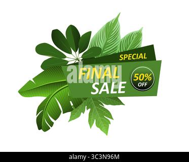 Offerta speciale. Etichetta di vendita finale. Cornice di foglie di palma tropicale. Emblema estivo a prezzi scontati, piante esotiche, grafica decorativa botanica. Cornice a foglie di giungla con testo, illustrazione isolata con vettore floreale verde Illustrazione Vettoriale