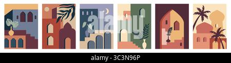 Architettura astratta. Arco marocchino, porta dell'edificio marocchino in stile geometrico contemporaneo orientale. Vista dalla finestra con paesaggio minimalista. Palma nel deserto. Collezione di poster Vector Simple Illustrazione Vettoriale