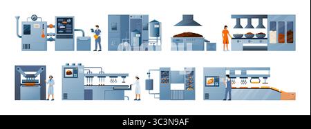 Macchine di fabbrica. Gli operatori del settore controllano il lavoro delle attrezzature. Operatori di produzione di macchinari. Nastro trasportatore meccanico. Impianto di trattamento dell'automazione. Set di elementi vettoriali di produzione industriale moderna Illustrazione Vettoriale