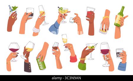 Le mani tengono le bevande. Bevande alcoliche in bicchieri, cocktail diversi, vino, birra in bottiglia e champagne. Limonata tropicale fredda con ghiaccio. Illustrazione della vetreria isolata in stile piatto di cartoni animati vettoriali Illustrazione Vettoriale