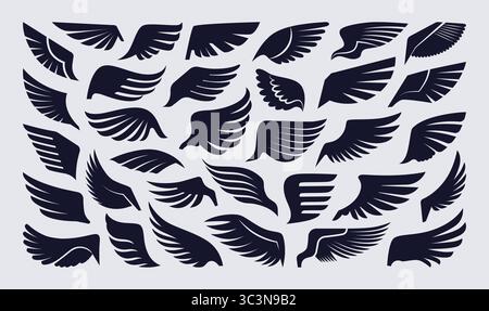 Icona Wing. Logo in piuma d'uccello, simbolo astratto dell'angelo o pittogramma nero di lusso, emblema grafico della silhouette Fly. Logotipo creativo isolava un ornamento elegante. Collezione di adesivi. Set di progettazione vettoriale Illustrazione Vettoriale