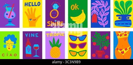 Set di poster estivi. Stampa retrò da cucina per cocktail, sfondo per cartolina o parete vintage alla moda. Decorazioni con volantini di limone, vino e frutta. Raccolta delle schede di viaggio estive. Design vettoriale della carta da parati Illustrazione Vettoriale