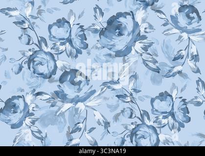 Rose e foglie blu creano uno sfondo floreale con motivo ad acquerello Foto Stock