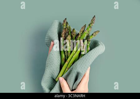 Donna che prepara le Langhe di asparagi organici Foto Stock