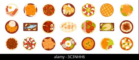 Diversi piatti tradizionali del mondo, cucina nazionale. Deliziosi spuntini e pasti con piatto inglese per colazione e torta di mele, insalata caprese e falafel, illustrazione vettoriale di stufato Illustrazione Vettoriale