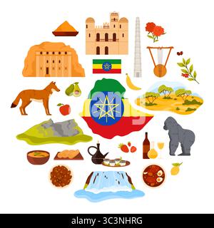 Paesaggi di cascate, savana e montagne illustrazioni vettoriali. Elementi culturali etiopi e punti di riferimento dell'Etiopia, caffè, miele, vino e cibo in un banner infografico rotondo con titolo. Illustrazione Vettoriale
