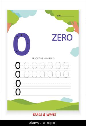 Number Zero Tracing and Writing Practice Sheet for Kids Impara a tracciare scrivere e riconoscere il numero 0 con i profili Big Bold e Guided Illustrazione Vettoriale