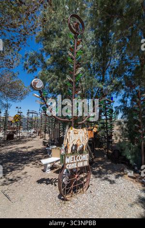 Elmer Long, morto nel 2019 all'età di 72 anni, creò questo ranch di alberi da bottiglia, montando la collezione di bottiglie del padre defunto su alberi di metallo saldati. Foto Stock