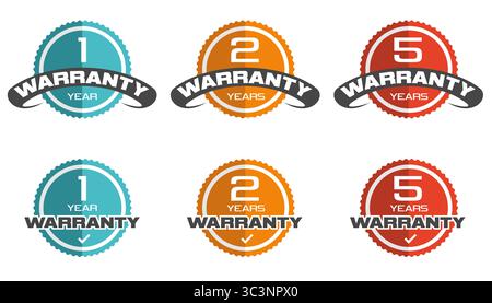 Timbro etichetta etichetta garanzia, colori piatti uno, due, collezione patch annuale. Logo garantito con striscione con sigillo piatto o icona vettoriale dell'etichetta Illustrazione Vettoriale