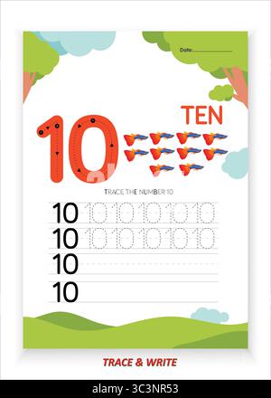 Numero dieci Foglio di esercitazione su tracciamento e scrittura per bambini Impara a tracciare Scrivi e riconoscere il numero 10 con contorni in grassetto e punti guidati Illustrazione Vettoriale