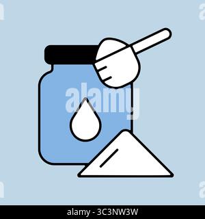 Latte in polvere in scatola e icona vettoriale a cucchiaio. Cartello prodotto lattiero-caseario. Simbolo grafico per la progettazione di siti Web e app per cucinare, logo, app, interfaccia utente Illustrazione Vettoriale