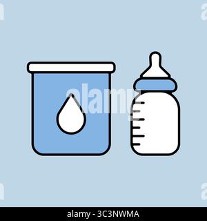 Latte in polvere in scatola e icona vettore del biberon. Cartello prodotto lattiero-caseario. Simbolo grafico per la progettazione di siti Web e app per cucinare, logo, app, interfaccia utente Illustrazione Vettoriale