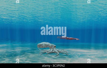 Illustrazione in 3D di un polpo grande e di un calamaro vicino al fondale marino. Foto Stock