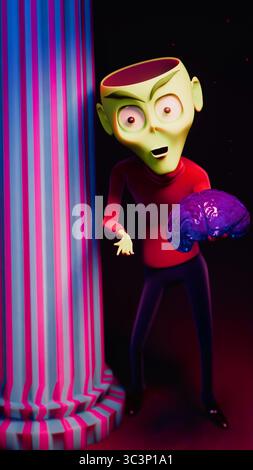 Uno ZOMBIE verde lanky con dolcevita rosso e pantaloni neri, che sbircia intorno a una colonna di marmo scanalato inondata di luce rosa e blu. La testa è aperta alla c Foto Stock