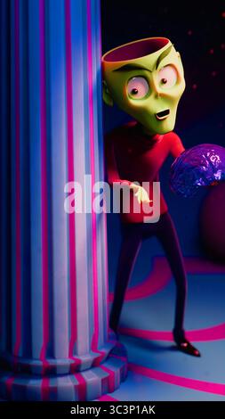 Uno ZOMBIE verde lanky con dolcevita rosso e pantaloni neri, che sbircia intorno a una colonna di marmo scanalato inondata di luce rosa e blu. La testa è aperta alla c Foto Stock