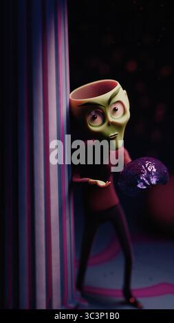 Uno ZOMBIE verde lanky con dolcevita rosso e pantaloni neri, che sbircia intorno a una colonna di marmo scanalato inondata di luce rosa e blu. La testa è aperta alla c Foto Stock