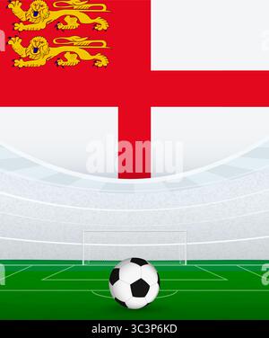 Tema di calcio nazionale Sark, stadio e pallone da calcio. Concetto di partita di calcio a Sark. Ideale per l'uso in promozioni di eventi sportivi, design a tema calcistico Illustrazione Vettoriale