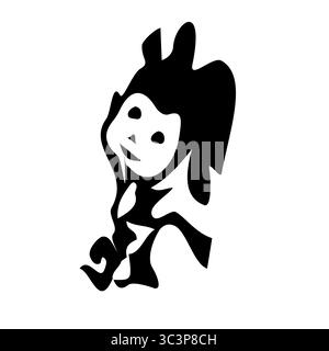 Un'audace silhouette in bianco e nero che raffigura una creatura simile a un imp, forse con il volto di una scimmia, con angoli netti, orecchie appuntite e una posa dinamica. Perf Illustrazione Vettoriale