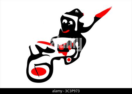 Audace grafica vettoriale con una moto astratta e un pilota, illustrata in nero con dettagli rossi dinamici su sfondo bianco. Suggerisce velocità, Illustrazione Vettoriale