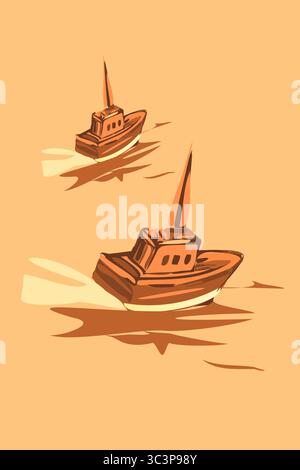 Grafica vettoriale stilizzata con due barche, una grande nave da carico e una piccola nave da pesca, che navigano in acque tranquille al tramonto. La composizione utilizza W Illustrazione Vettoriale