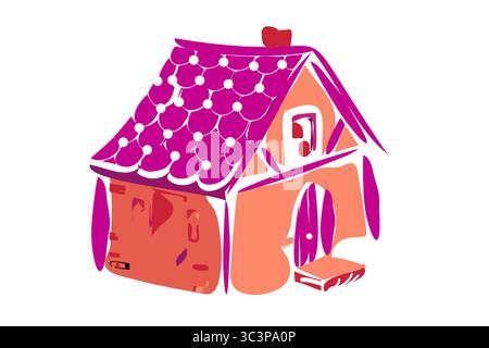 Illustrazione stilizzata in stile fiabesco o in stile pan di zenzero con tetto in magenta smerlato e pareti calde di pesca. Il design stravagante, leggermente angolato Illustrazione Vettoriale