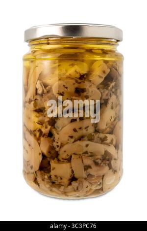 Funghi da campo coltivati saltati e conservati in olio in vaso di vetro isolato su bianco con percorso di ritaglio incluso Foto Stock