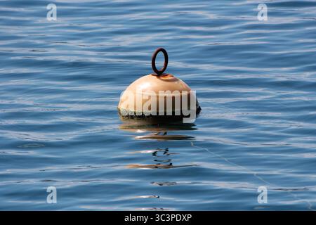 Una boa di ormeggio semi-sferica, sbiadita dal sole, con un anello in metallo arrugginito galleggia su morbide increspature, parzialmente ricoperta di alghe verdi, che funge da marinaio Foto Stock