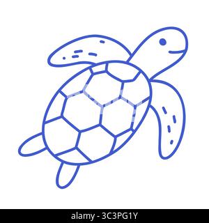 Tartaruga di mare in stile arte marina Blue line. Contorno traccia modificabile vettoriale. Illustrazione icona minimalista. Illustrazione Vettoriale