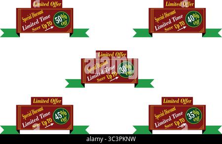 Set di badge vettoriali promozionali con nastro rosso e verde per vendite natalizie e offerte scontate Illustrazione Vettoriale