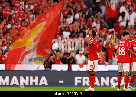 Vangelis Pavlidis ha visto festeggiare dopo gol durante la partita della Eusebio Cup tra SL Benfica e Fenerbahce SK (Maciej Rogowski) Foto Stock