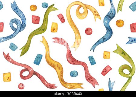 motivo senza cuciture di coriandoli e nastri colorati. Illustrazione ad acquerello, disegnata a mano, cartone animato. Disegno per adesivi, spazi vuoti, cartoline. Vacanze Foto Stock