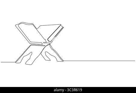Corano aperto su un supporto Rehal, disegno a linea singola, Corano su Rehal Continuous Line Art, Illustrazione Vettoriale