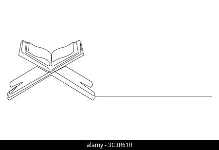 Corano aperto su un supporto Rehal, disegno a linea singola, Corano su Rehal Continuous Line Art, Illustrazione Vettoriale