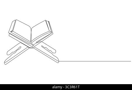 Corano aperto su un supporto Rehal, disegno a linea singola, Corano su Rehal Continuous Line Art, Illustrazione Vettoriale