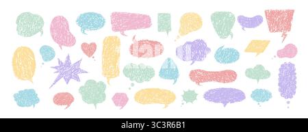 Bolla di pastello disegnata a mano. Set di vettori con caselle di testo con scarabocchio di gesso. Coloratissimi palloncini retrò per fumetti o messaggi di chat Illustrazione Vettoriale