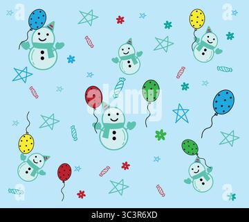 Illustrazione vettoriale con motivo natalizio colorato con pupazzo di neve, palloncini e altri ornamenti. Illustrazione Vettoriale