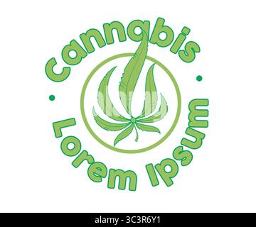 Logo della foglia di cannabis con testo fittizio illustrazione vettoriale su sfondo bianco. Illustrazione Vettoriale