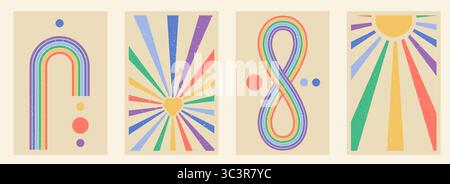 Set di poster ad arco Zen, arco e forme semplici in stile retrò. Motivo zen giapponese arcobaleno geometrico, elementi minimali. Strisce in stile boho Illustrazione Vettoriale